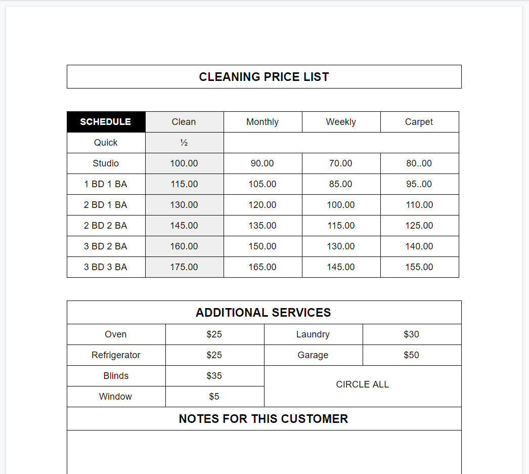 Free Price List Template For Cleaning Services - FREE PRINTABLE TEMPLATES